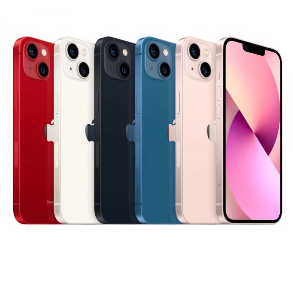 Slika pokazije 5 modela iphone 13 i to u bojama redom są lijeve strane: Crvena, Bijela, Crna, Plava, Roza