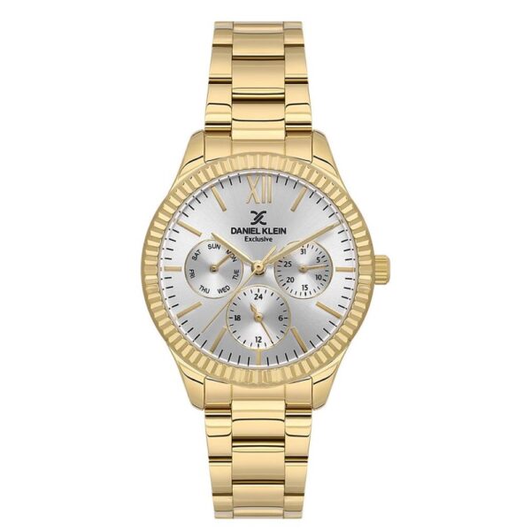 Ženski sat Daniel Klein DK.1.13823-2 zlatni sa srebrnim sunray brojčanikom i multifunkcijskim prikazom
