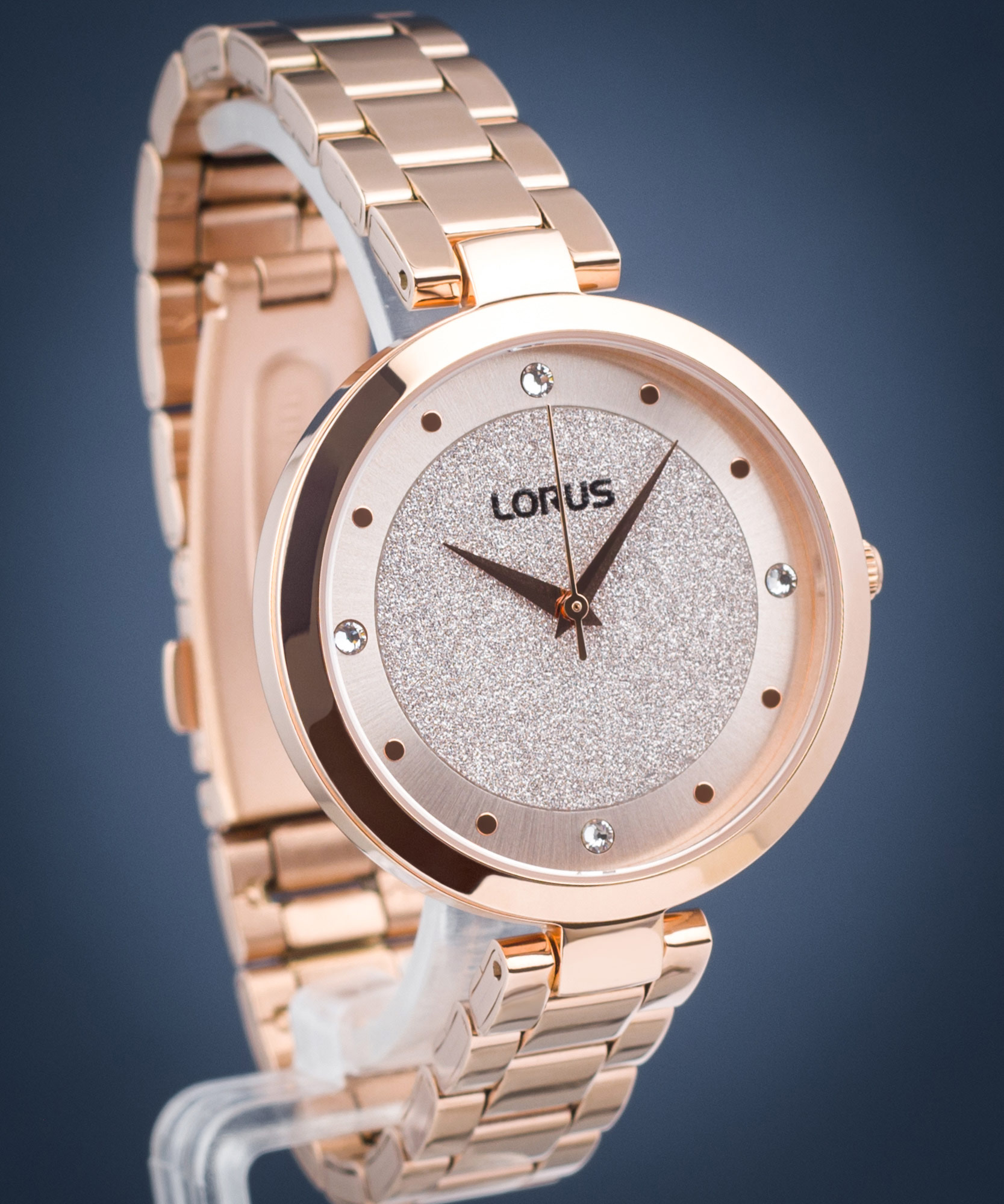 Ženski sat Lorus RG262WX-9 rose gold sa svjetlucavim glitter brojčanikom i čeličnom narukvicom