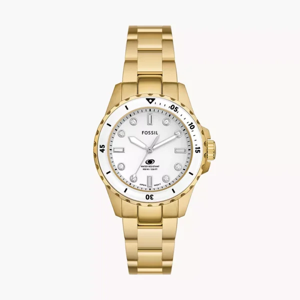 Fossil Blue Dive ES5350 zlatni ženski sat bijeli ciferblat sa kristalima