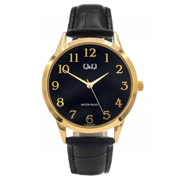 Sat Q&Q C08Q-018PY crni sa zlatnim brojevima i kožnom narukvicom