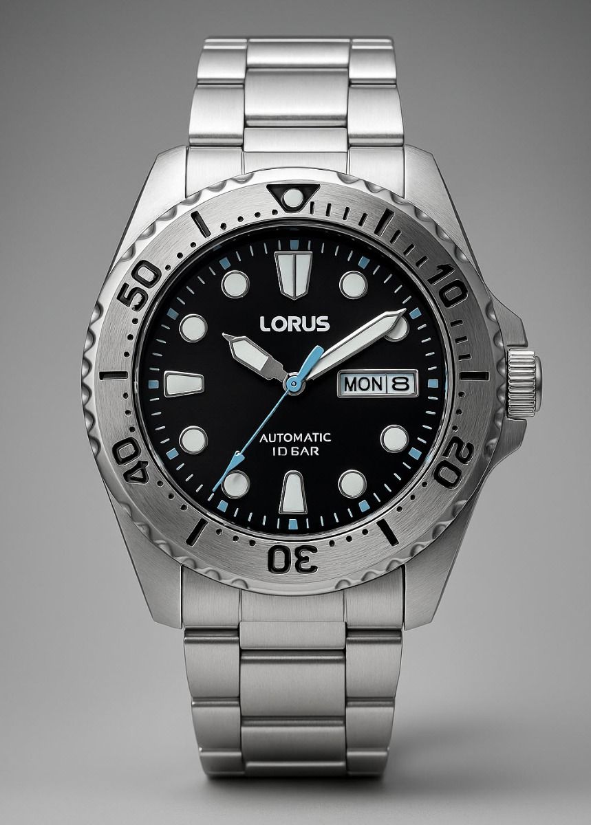 Muški sat Lorus RL471BX-9 automatic sa crnim brojčanikom, čeličnim bezelom i plavom sekundarom