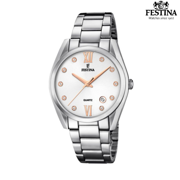 Festina Boyfriend F16790/A ženski sat srebreni nehrđajući čelik kristali rose-gold detalji