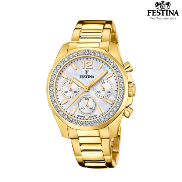 Festina Boyfriend F20609/1 ženski sat zlatni bijeli sedef kristali