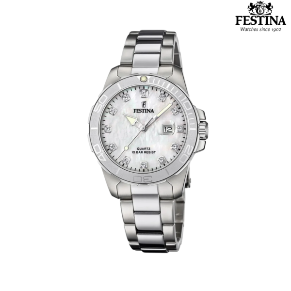 Festina F20503/1 ženski sat bijeli sedef kristali sportski srebreni čelik