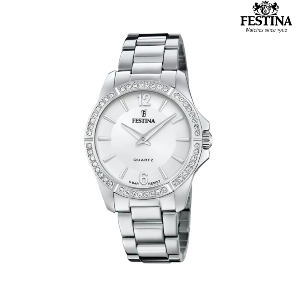 Festina F20593/1 ženski sat bijeli brojčanik kristali srebreni čelik