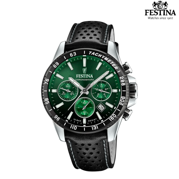 Festina Chronograph F20561/5 muški sportski sat zeleni brojčanik crna perforirana koža
