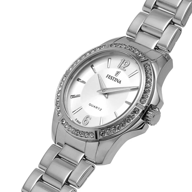 Festina F20593/1 ženski sat bijeli brojčanik kristali srebreni čelik