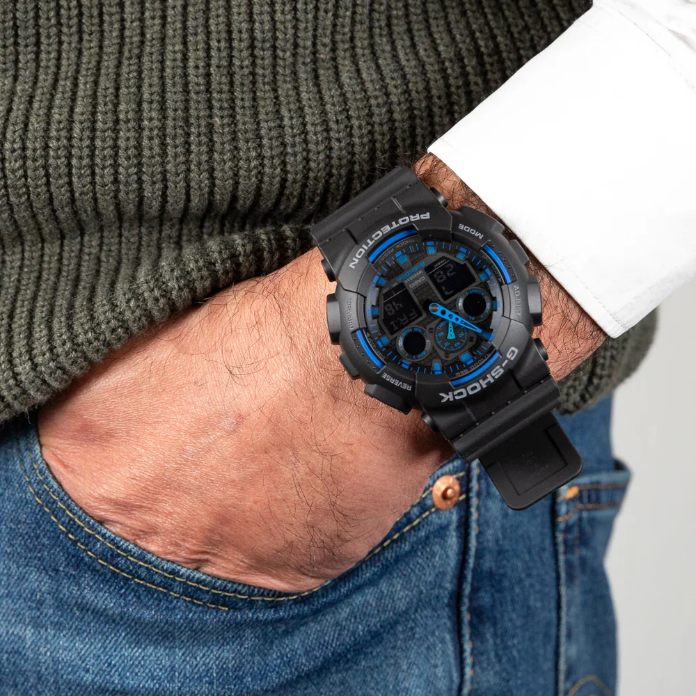 Casio G-Shock GA-100-1A2ER crni polimer plavi detalji sportski sat muški