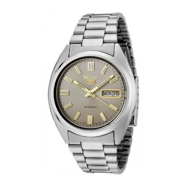 Seiko 5 SNXS75K srebreno kućište sivi brojčanik zlatni detalji metalna narukvica muški sat