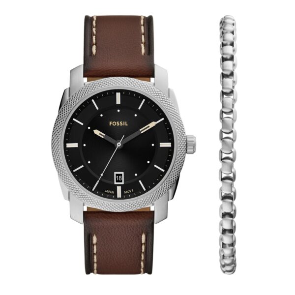Fossil Poklon Set FS6081 muški sat crni brojčanik kožna narukvica i čelična narukvica