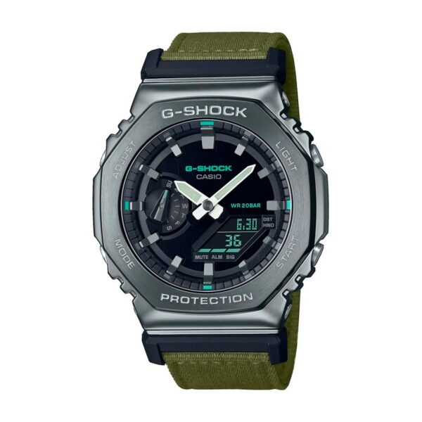 Casio G-Shock GM-2100CB-3AER sivi čelični bezel maslinasta platnena narukvica sat muški