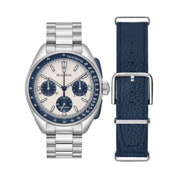 Bulova Lunar Pilot Chronograph 98K112 srebreno kućište panda brojčanik metalna narukvica i kožni kaiš muški sat