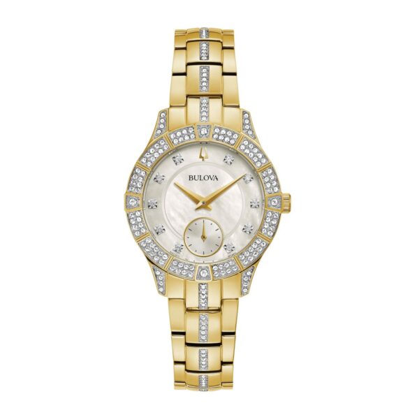 Bulova 98L283 zlatno kućište kristali sedefasti brojčanik metalna narukvica ženski sat