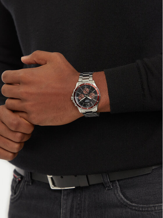 Casio MTP-1374PD-5AVEF crni brojčanik bordo bezel srebreni čelik sat muški