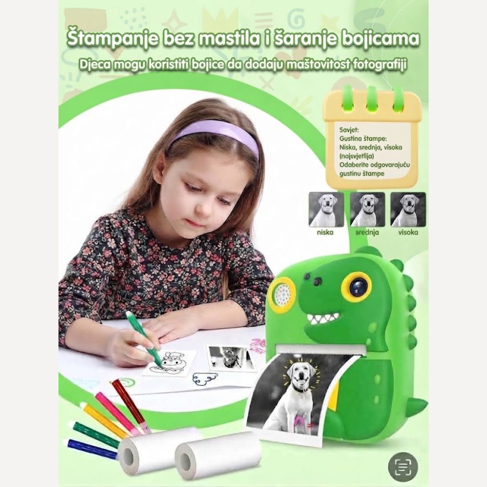 Dječja Instant Print Kamera 3-u-1 sa Motivom Dinosaurusa - Image 3