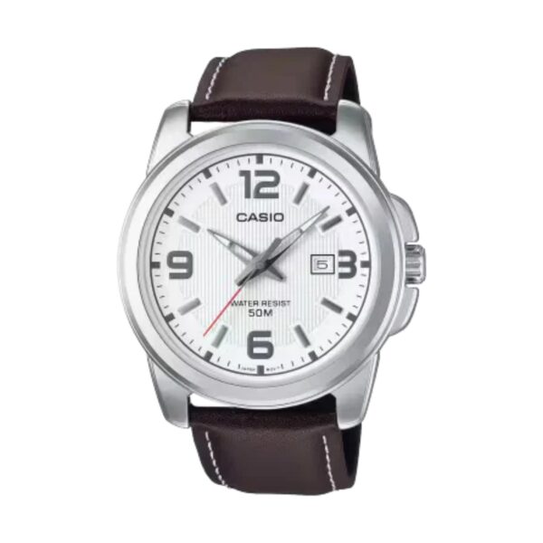 Casio MTP-1314L-7AVDF srebreno kućište bijeli brojčanik kožna narukvica muški sat