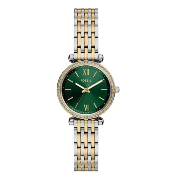 Fossil Carlie ES5439 dvobojno kućište zeleni brojčanik cirkoni metalna narukvica ženski sat