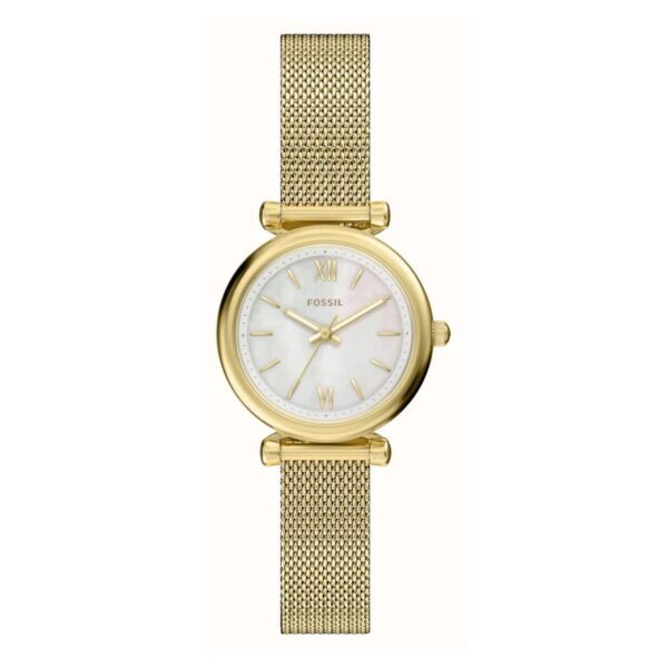 Fossil Carlie ES5462 zlatno kućište perlasti brojčanik mesh narukvica ženski sat