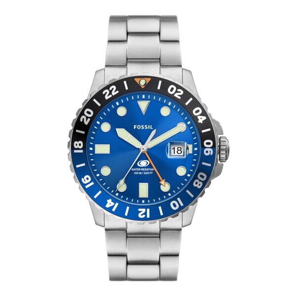 Fossil Blue GMT FS5991 srebreno kućište plavi brojčanik metalna narukvica muški sat